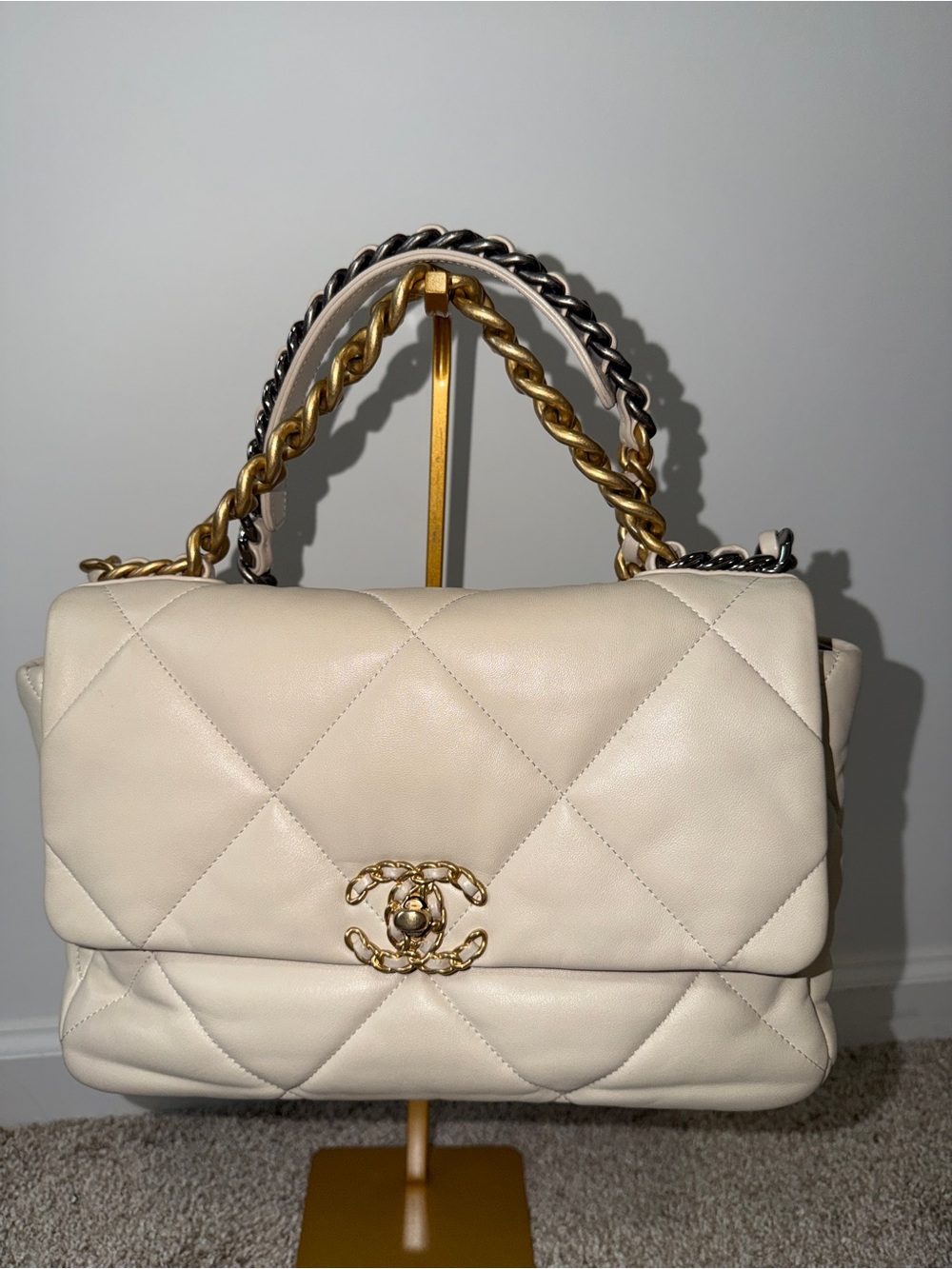 CHANEL 19 Large Cream Quilted Flap Shoulder Bag with Gold Chain